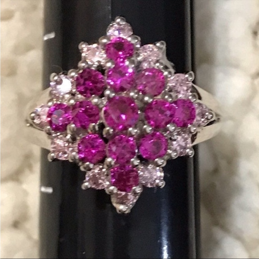 Natural Pink Ruby Ring surrounded by created Sapphires Size 6.5 - 925/1000 - new